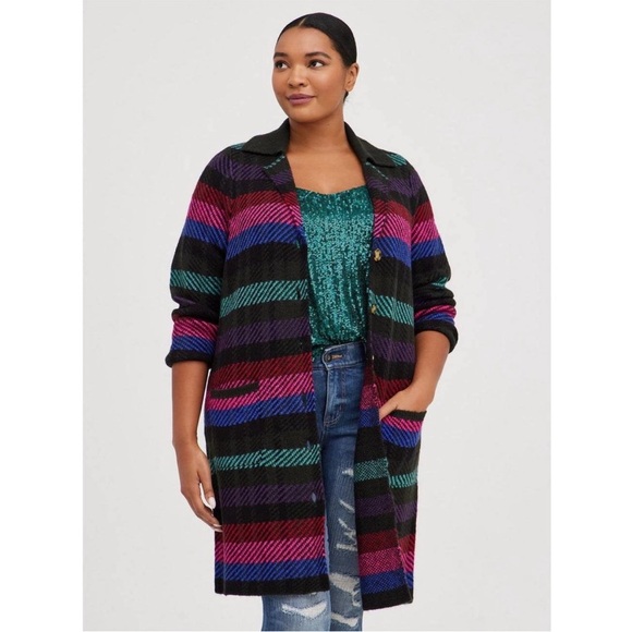 Torrid Long Cardigan Coatigan Duster Rainbow Multicolor Striped Button Up Size 6 - Picture 1 of 9
